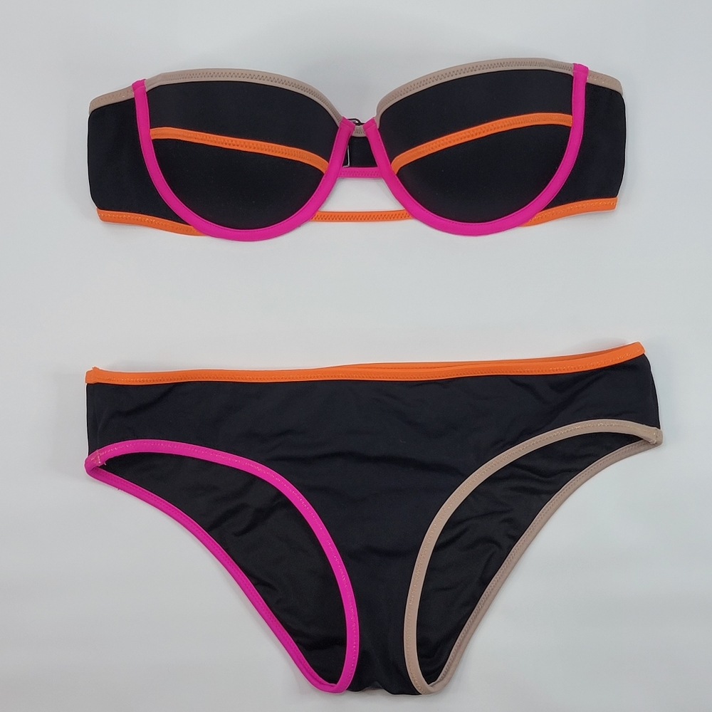 Victoria's Secret Molded Push-Up Strapless Bikini, Black & Neon, 34B & XS